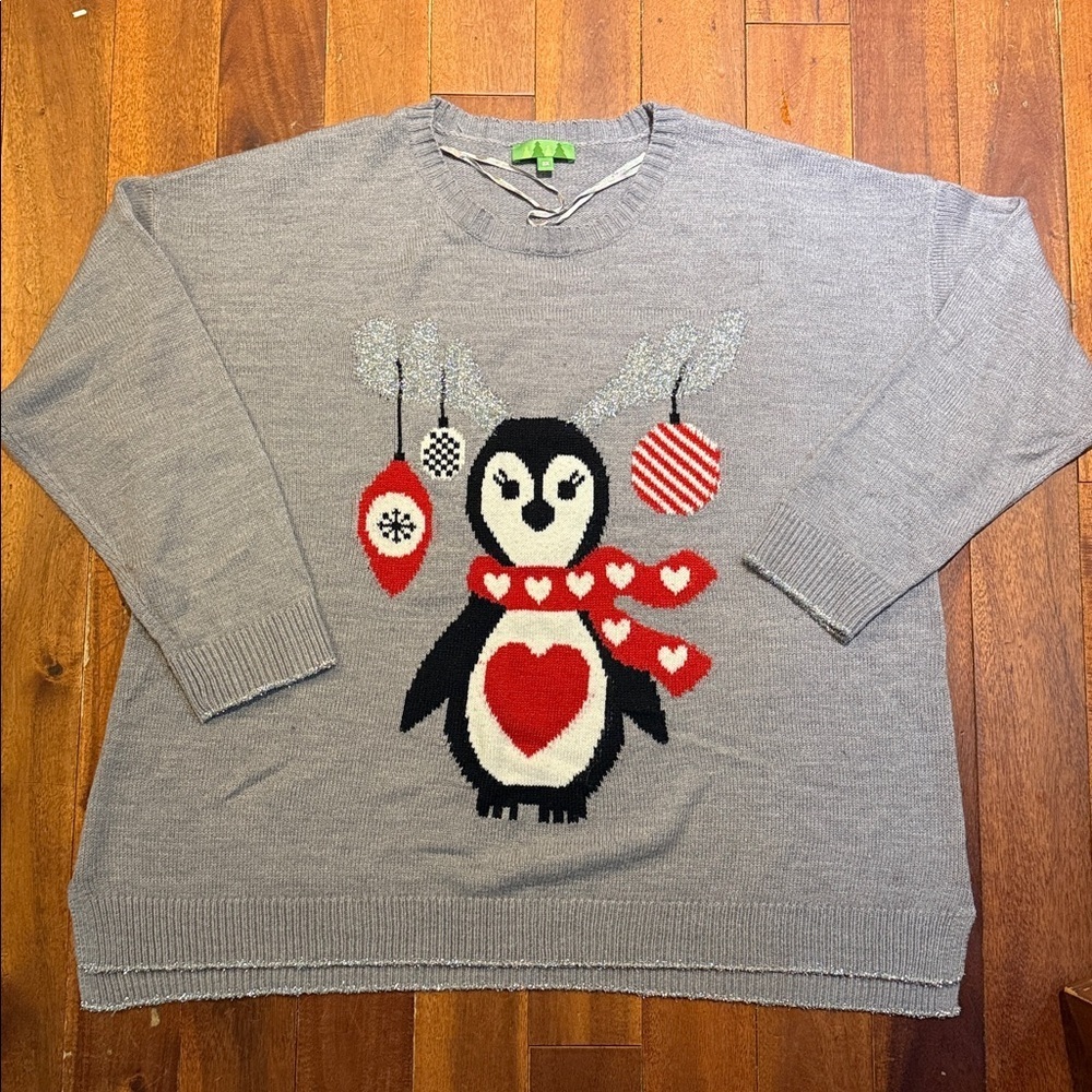 Christmas Sweater Gray Penguin Holiday Sweater. Size 2 X